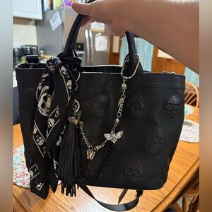 IOpelle Italia custom black Leather Embossed Skull Tote With Strap & wallet.